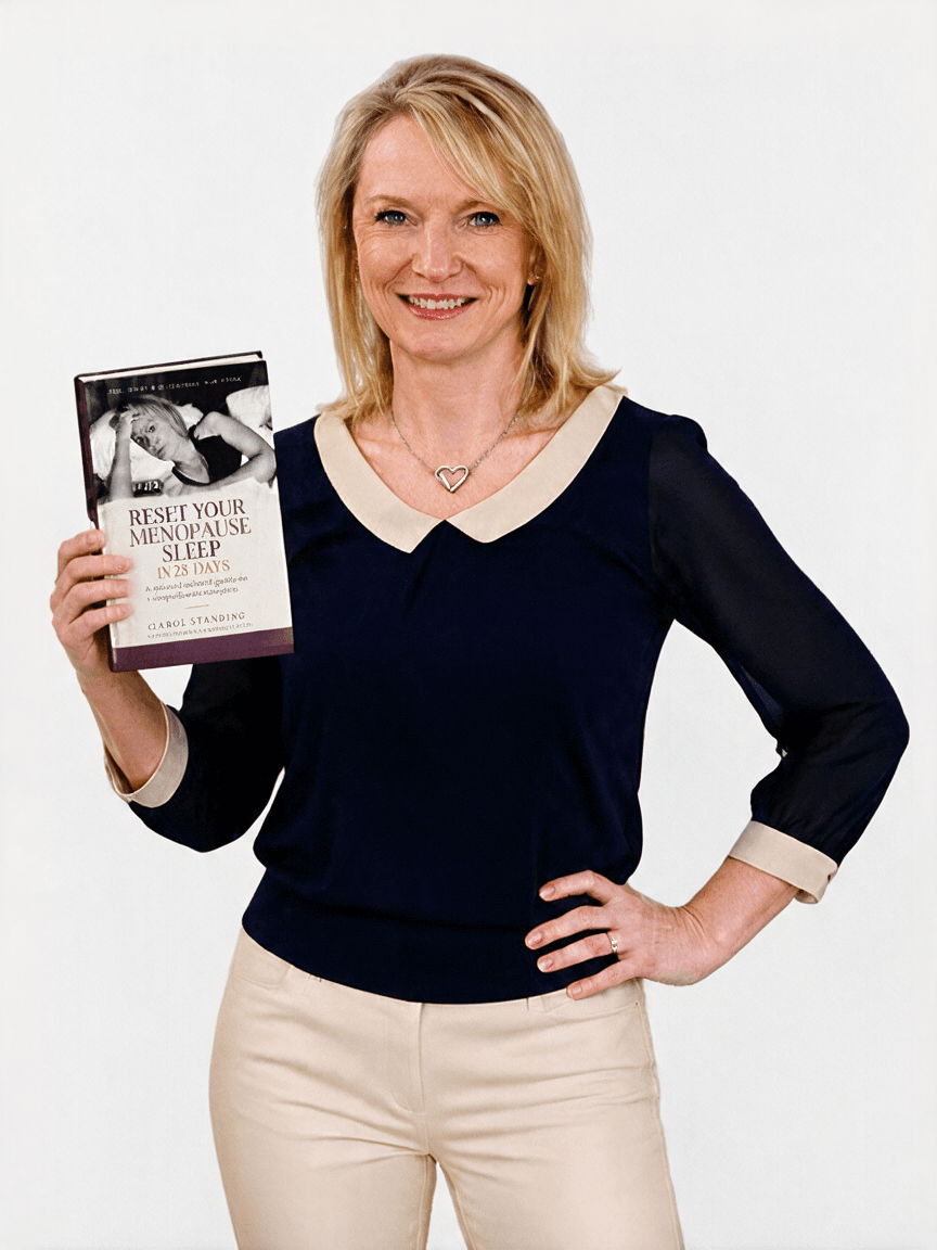 Carol Standing holding Reset Your Menopause Sleep in 28 Days